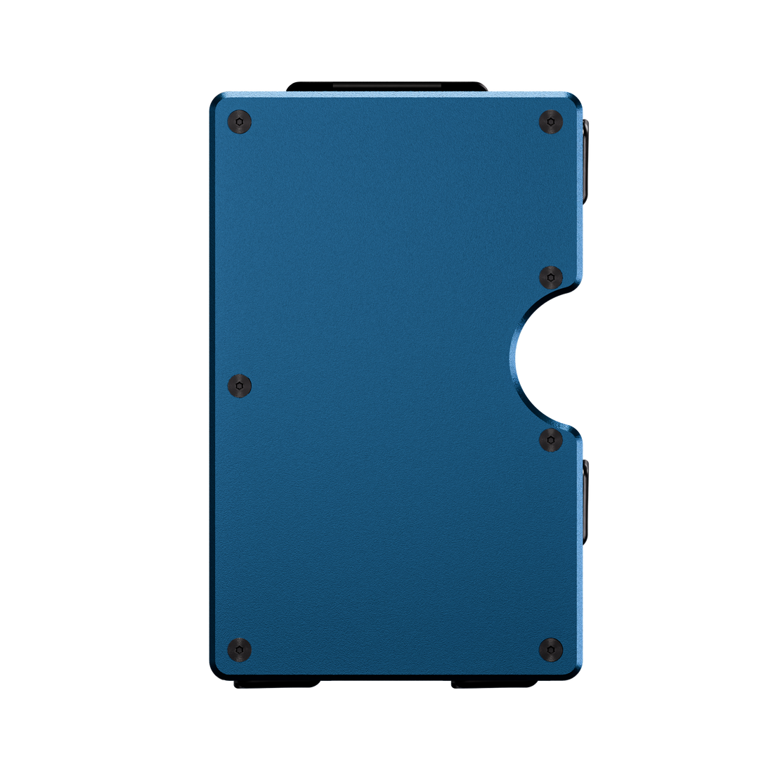 Unengraved aluminum wallet in blue, front view showing the thumb cutout