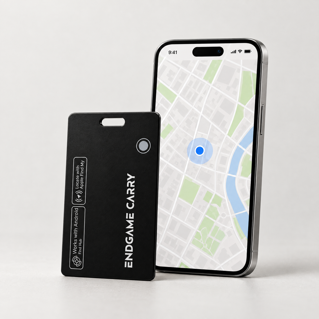 Waypoint Tracker Card standing beside a phone showing its location on a map