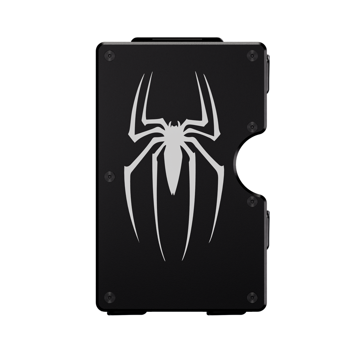 The Arachnid aluminum wallet in Nero Abisso black, front engraved with a large spider emblem