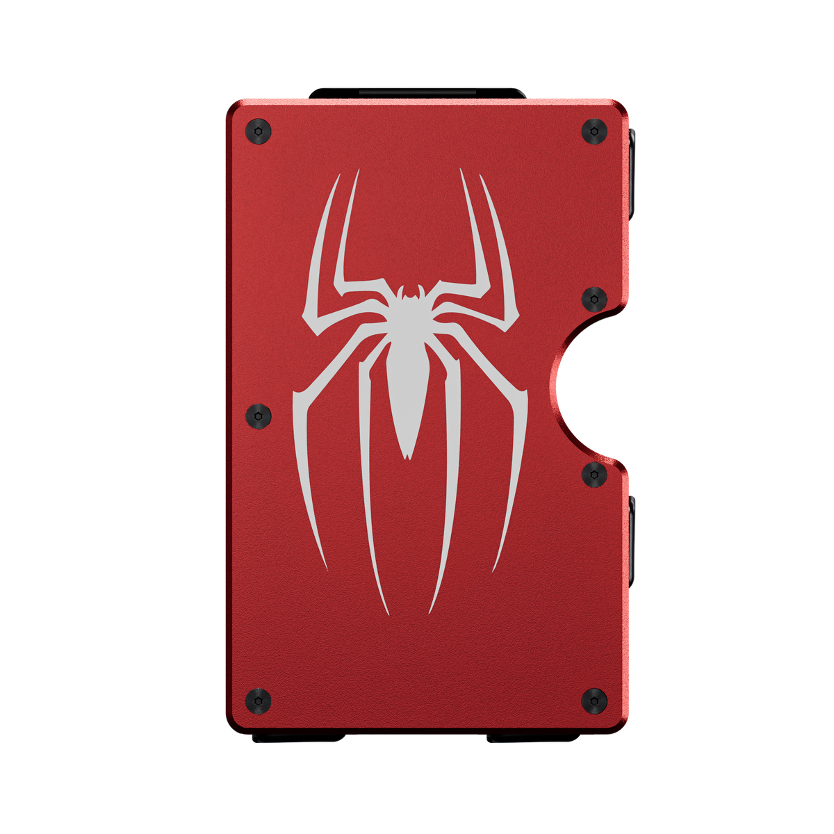 The Arachnid aluminum wallet in Rosso Apice red, front engraved with a large spider emblem