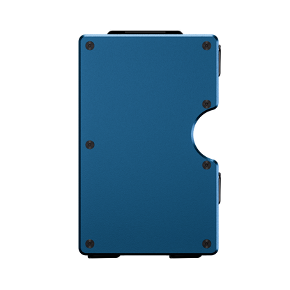 Unengraved aluminum wallet in Blu Ionio blue, front view showing the thumb cutout