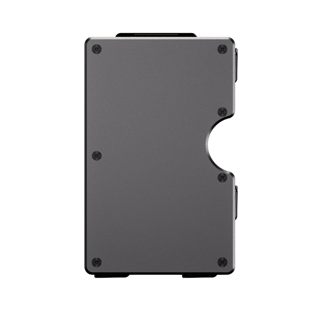 Unengraved aluminum wallet in Grigio Ferro grey, front view showing the thumb cutout