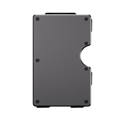 Unengraved aluminum wallet in Grigio Ferro grey, front view showing the thumb cutout