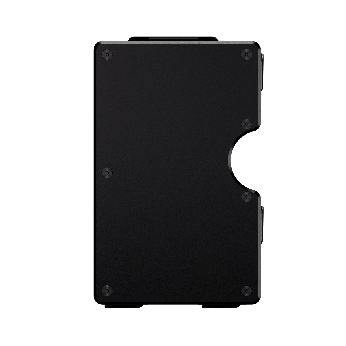 Unengraved aluminum wallet in Nero Abisso black, front view showing the thumb cutout