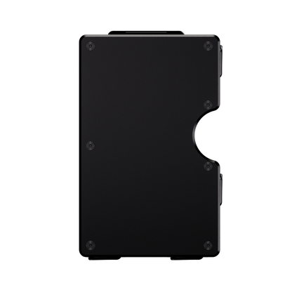 Unengraved aluminum wallet in Nero Abisso black, front view showing the thumb cutout