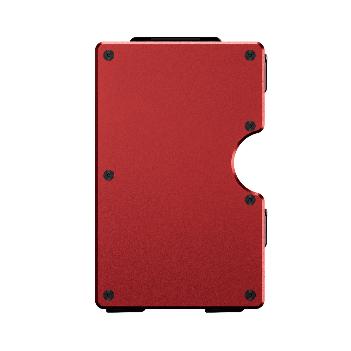 Unengraved aluminum wallet in Rosso Apice red, front view showing the thumb cutout