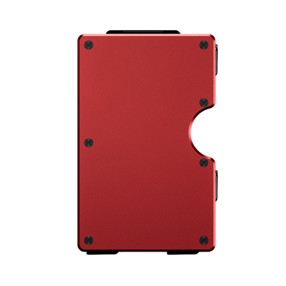 Unengraved aluminum wallet in Rosso Apice red, front view showing the thumb cutout