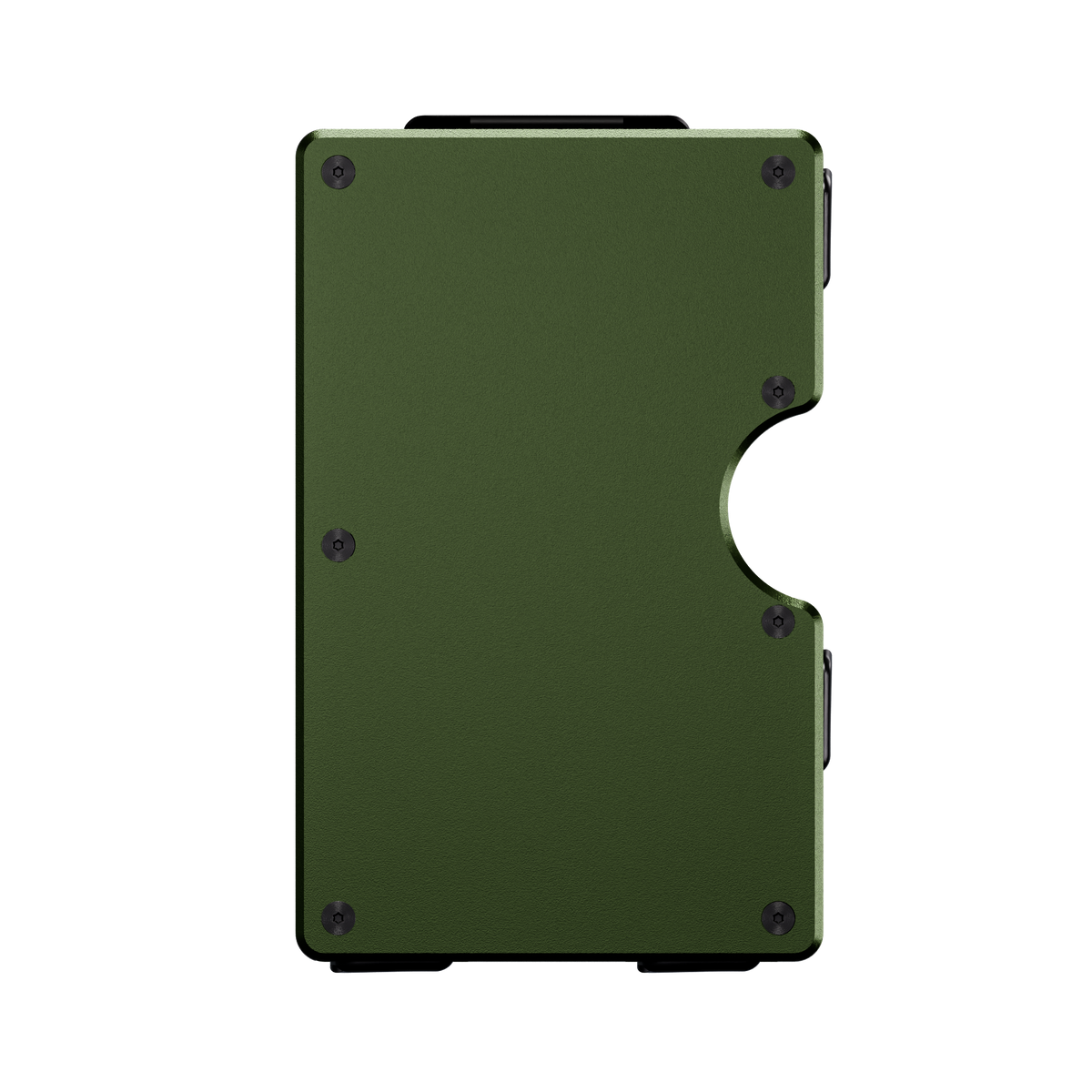 Unengraved aluminum wallet in Verde Selva green, front view showing the thumb cutout