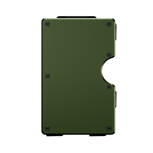 Unengraved aluminum wallet in Verde Selva green, front view showing the thumb cutout