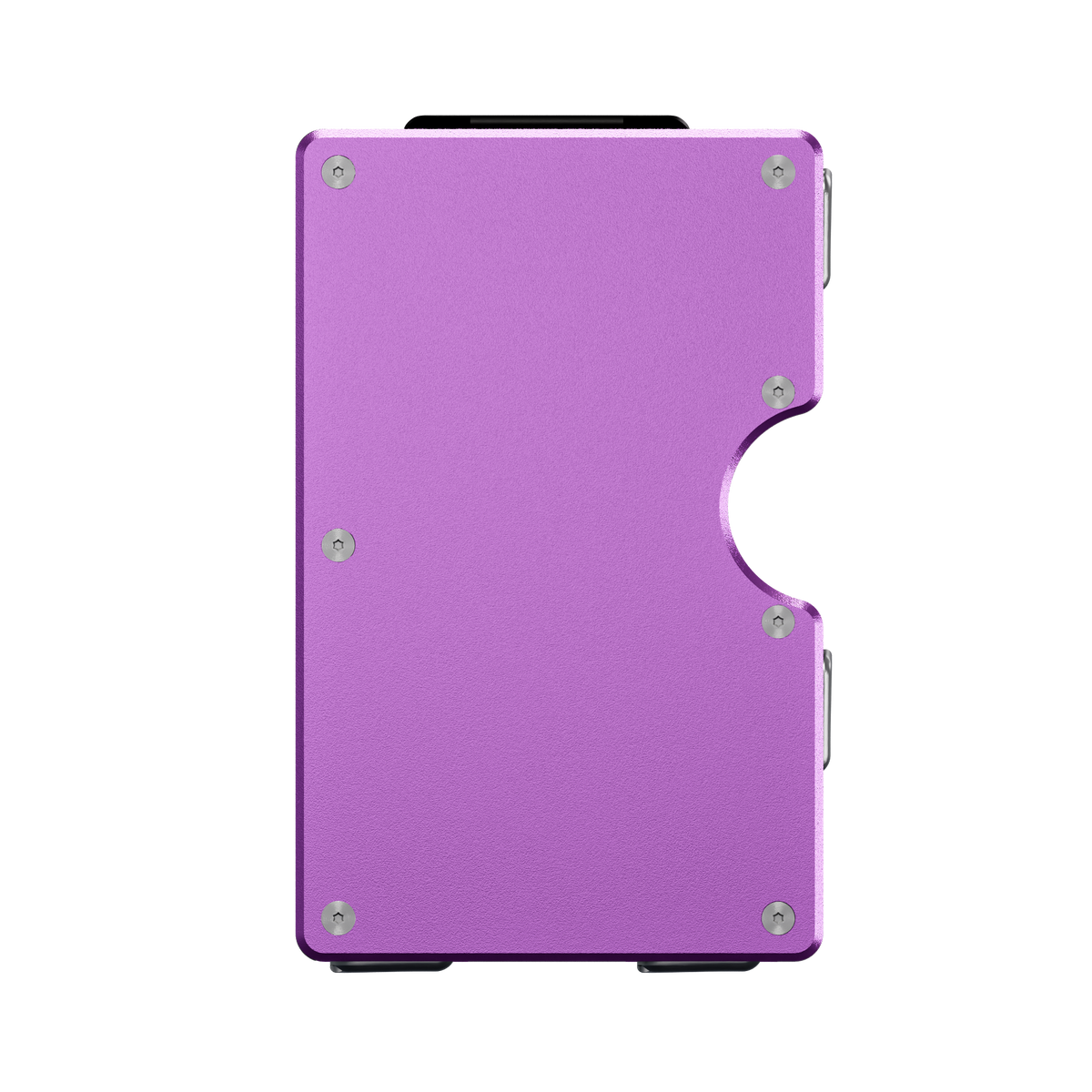 Unengraved aluminum wallet in Viola Zefiro purple, front view showing the thumb cutout