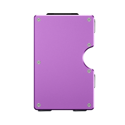 Unengraved aluminum wallet in Viola Zefiro purple, front view showing the thumb cutout