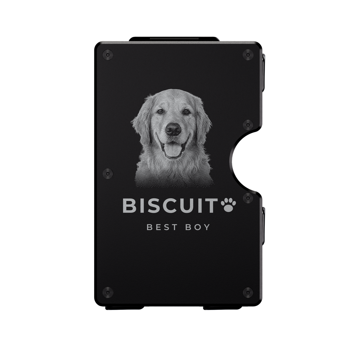 Project 1-of-1 personalized metal wallet in Nero Abisso black, laser-engraved with a pet photo and name (example design)
