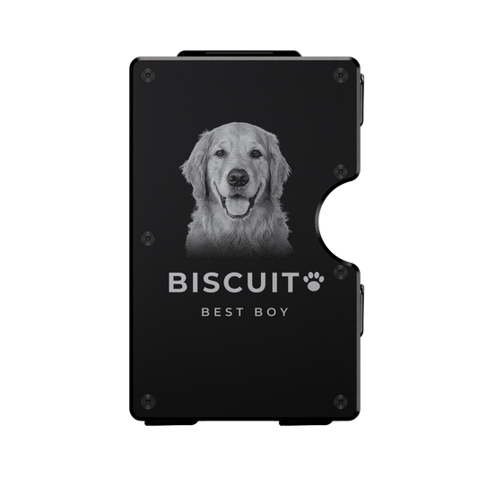 Project 1-of-1 personalized metal wallet in Nero Abisso black, laser-engraved with a pet photo and name (example design)