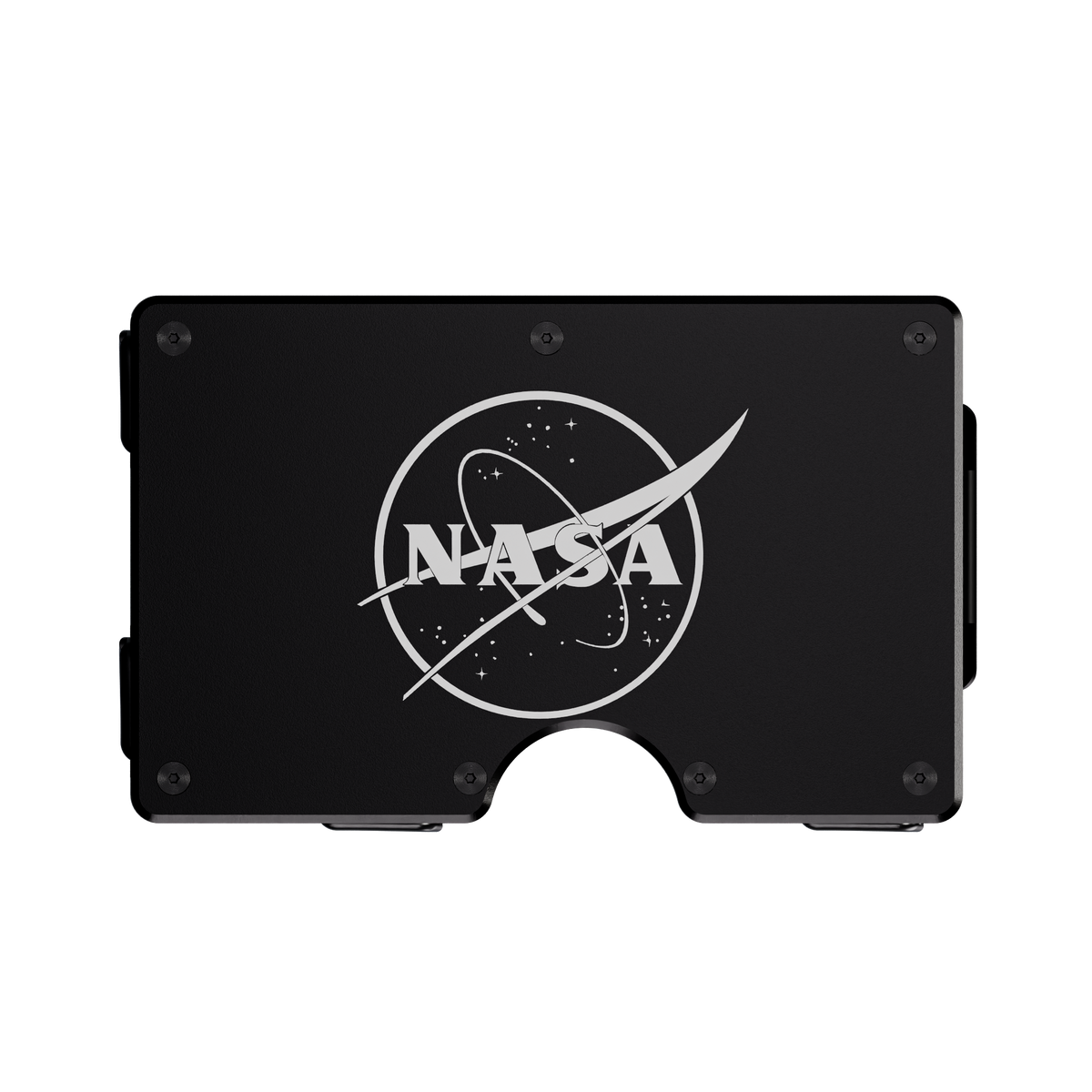 Mission Control wallet in Nero Abisso black, front engraved with the NASA insignia