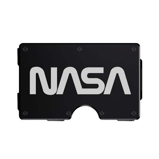 Interstellar wallet in Nero Abisso black, front engraved with the NASA worm logotype