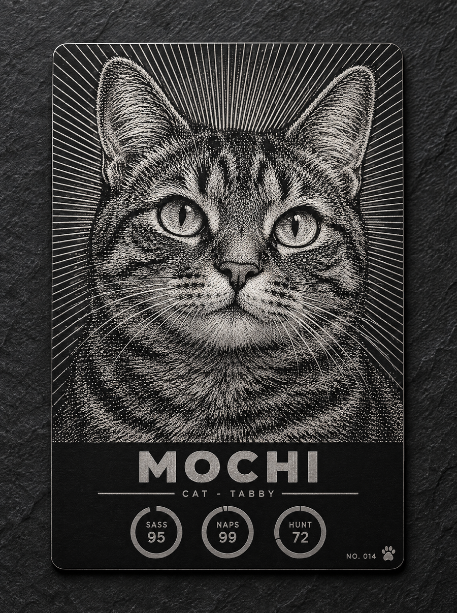 Full art: Mochi the tabby cat on a pet trading card engraved in black aluminum