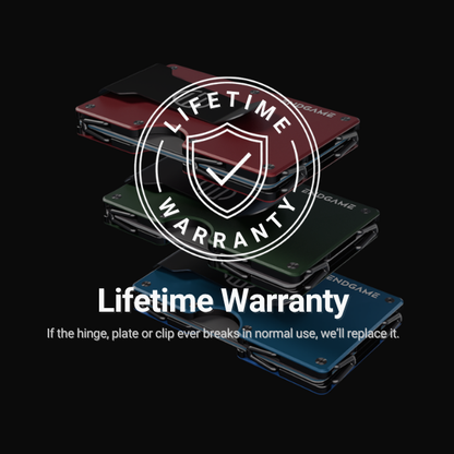 Lifetime warranty badge over Endgame Carry wallets: if the hinge, plate or clip breaks in normal use, it is replaced